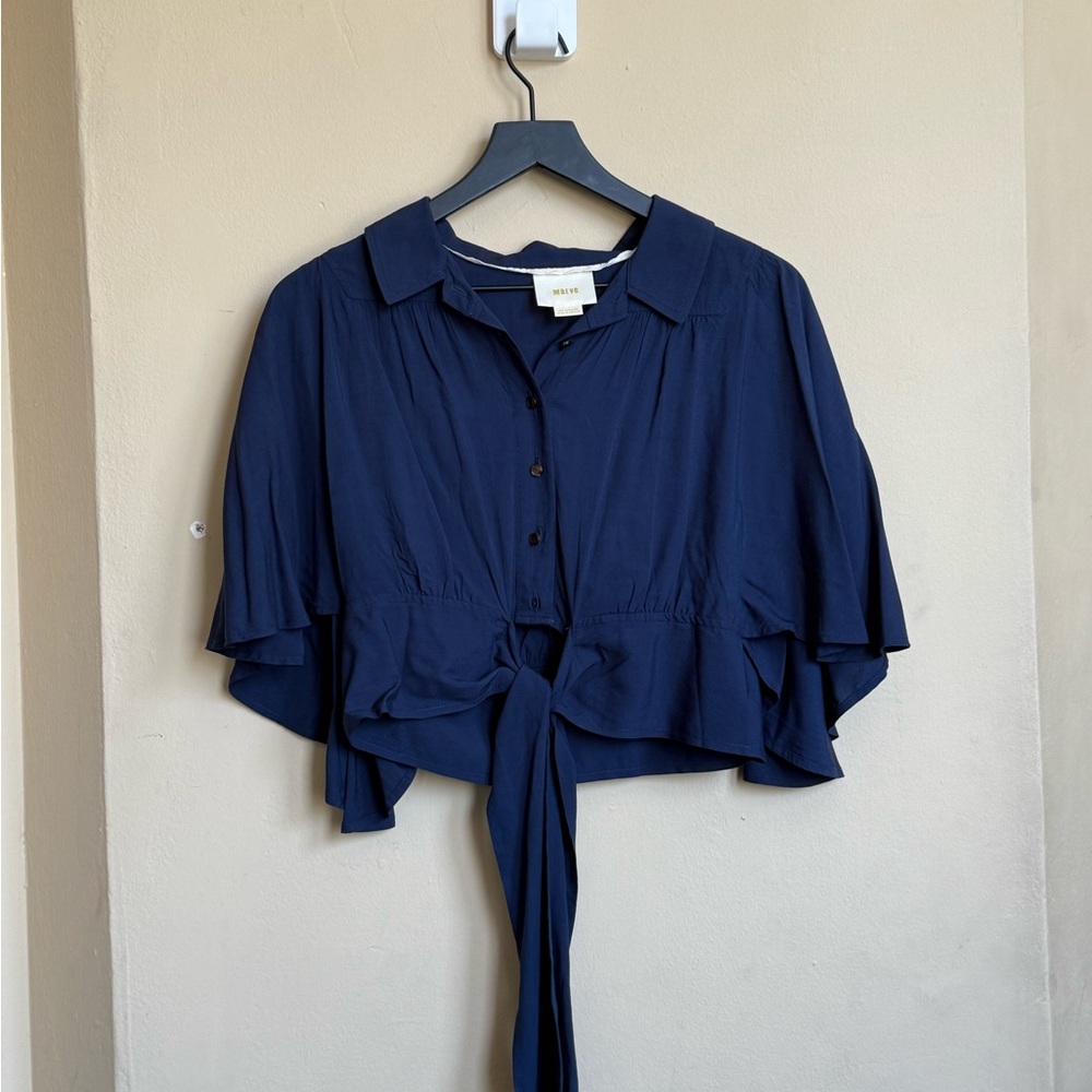 Maeve Blue Flutter Sleeve Crop Blouse